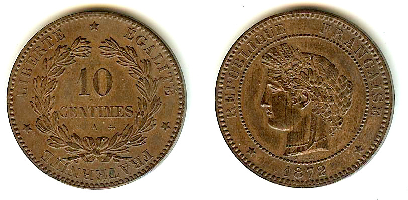 10 centimes Cérès 1872 Paris SUP+ à SPL